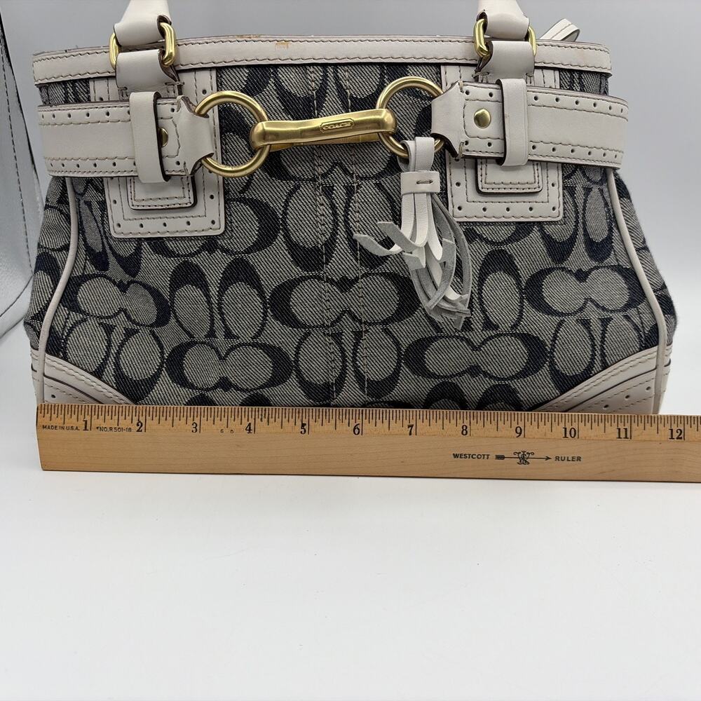 COACH Handbag Signature Denim Leather Tassel Gold Hardware Canvas Y2K White Blue - Picture 12 of 16